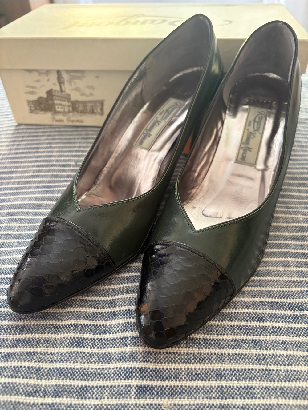 Vintage Rangoni Heels Dark Green Tuscan Calfskin Black Snake Italian Leather 6.5